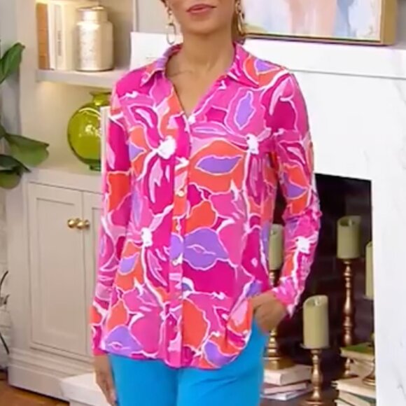 Susan Graver Passport Floral Printed Liquid Knit Button Down Women's Shirt Large - Picture 1 of 12
